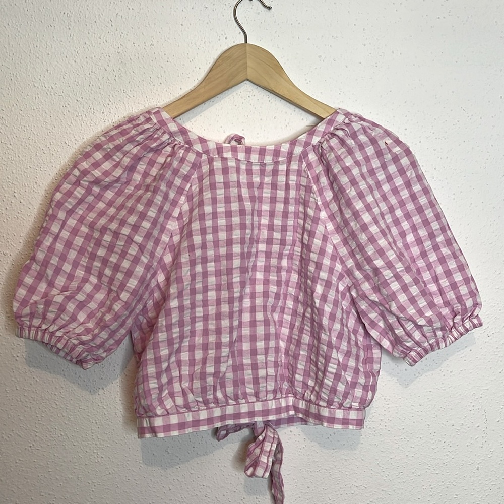 BP CottageCore Pink & White Checkered Puff Sleeve Crop Top Open Back Tie Blouse